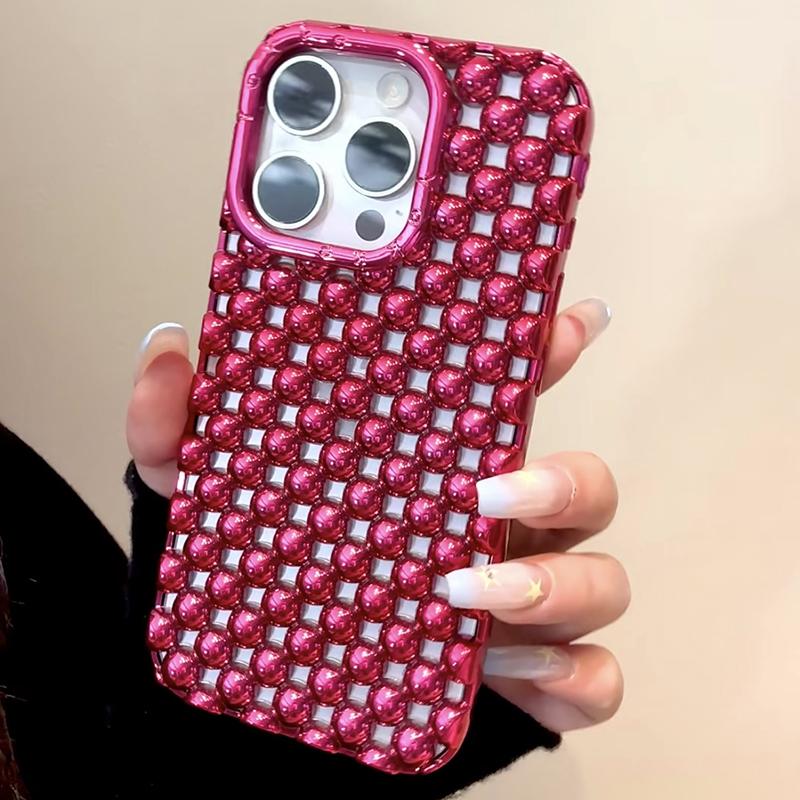 Plating Red Pearl Round Beads Heart Dissipation Case For For Iphone 16 Pro Max 17 Air 1 13 14 Hollow Out Phone Cover