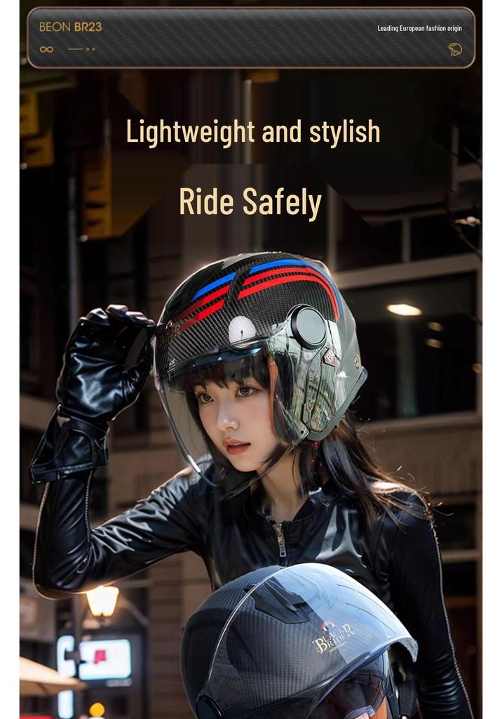 BEON Ultra-light Carbon Fiber Electric Motorcycle Helmet, Three-quarters Half Design, Double Visor, Unisex, All-Season.