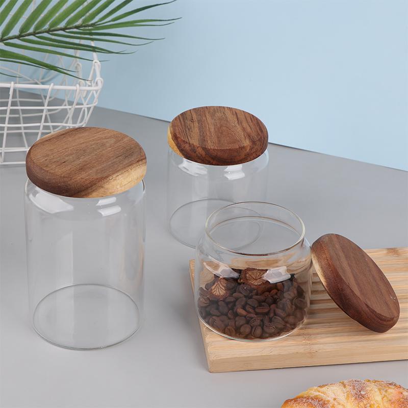 1Pcs Wooden Cover Coffee Beans Vacuum Sealed Tank Transparent Glass Food Storage Jars Household Moisture-Proof Container