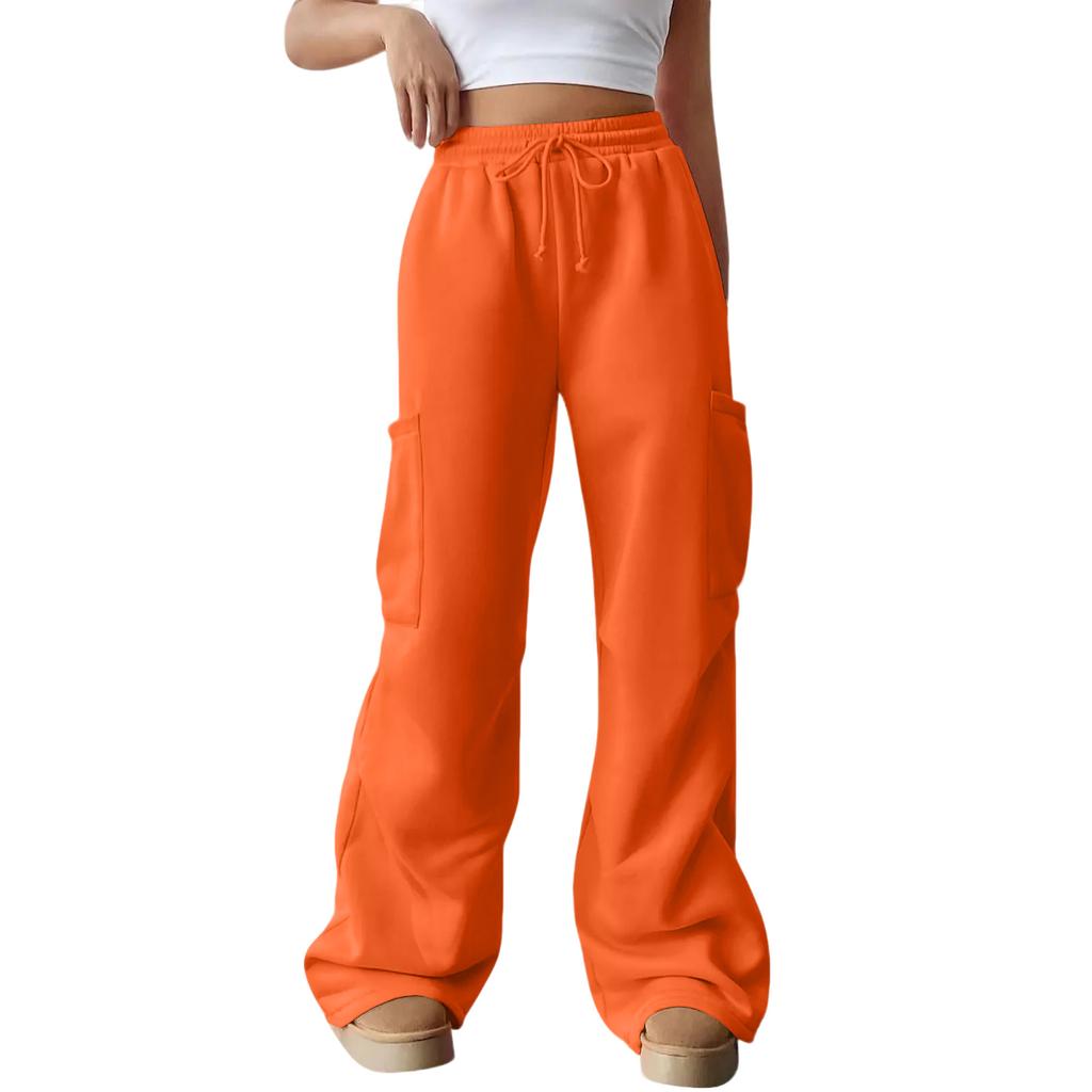Women's Casual Fashion Solid Color Elastic Waist Drawstring Pocket Wide-Leg Straight-Cut Joggers