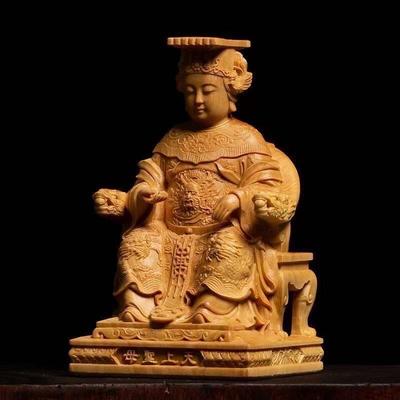 Natural Boxwood Chinese Goddess Mazu Statue Traditional Culture Mazu  Wooden Carvings Sea Goddess Home Room Decoration Figurines