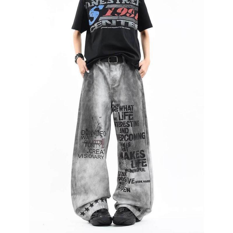 American Street Graffiti Jeans Men Women Loose Fit Wide Leg Denim Pants Casual All-Match