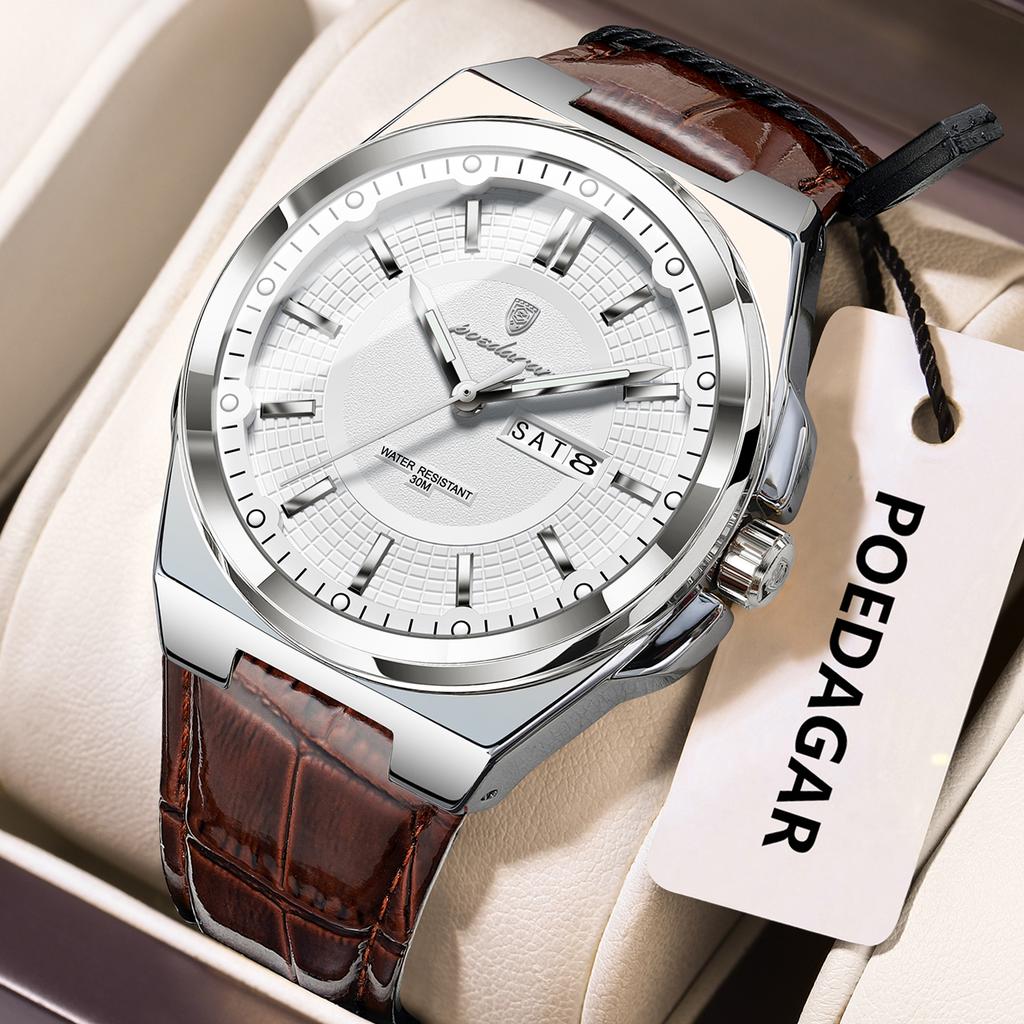 POEDAGAR Luxury Original Man Wristwatch Waterproof Luminous Date Week Quartz Men's Watches High Quality Casual Leather Men Watch