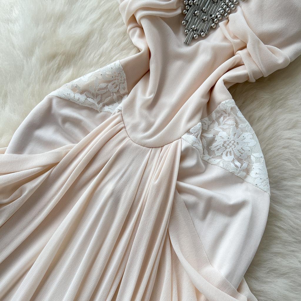 Summer Women Sexy Halter Open Back Luxury Beading Metal Fold Lace Evening Party Slim Long Maxi Dresses