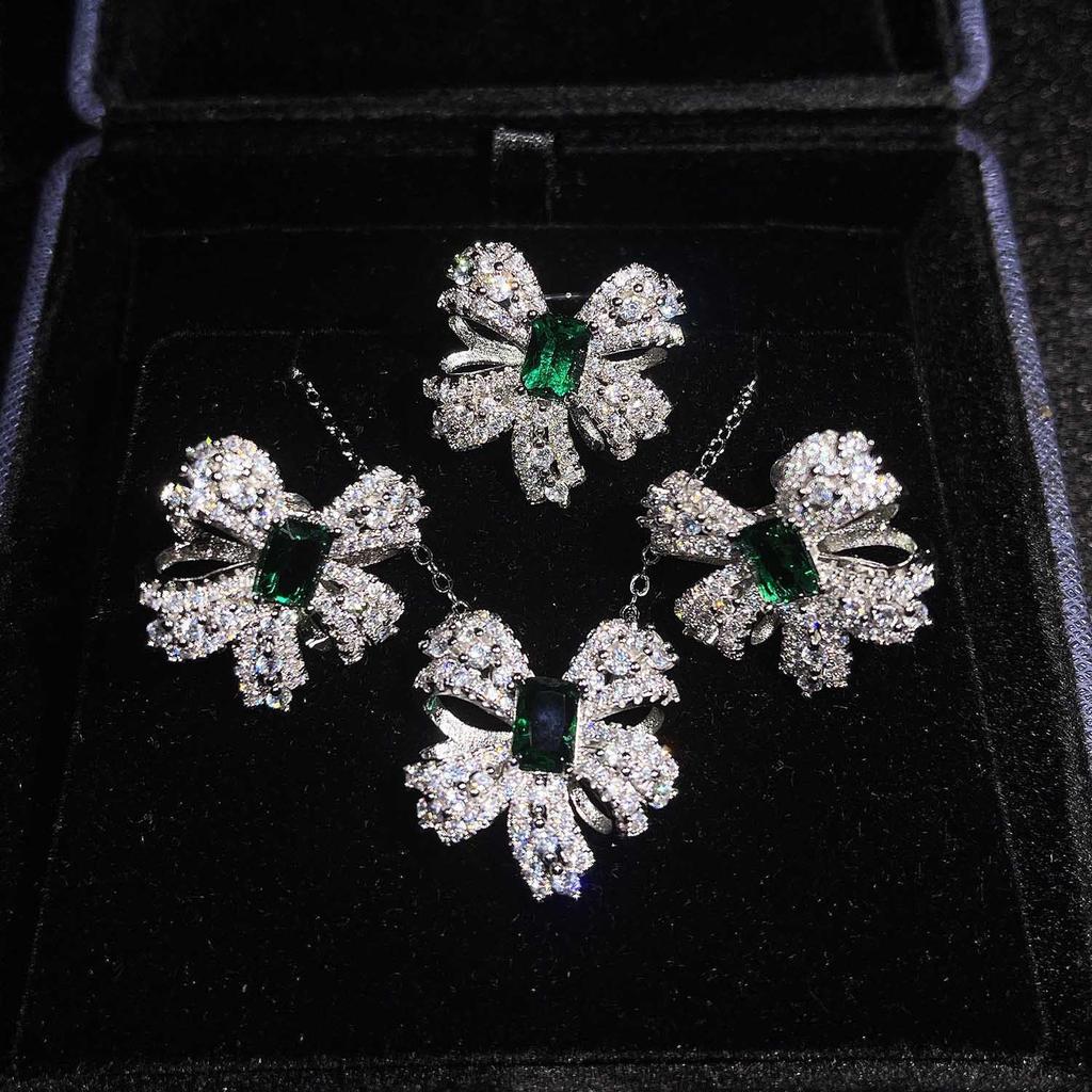 Recommended High Jewelry Butterfly Set: Faux Emerald Bow Necklace, Ring & Stud Earrings