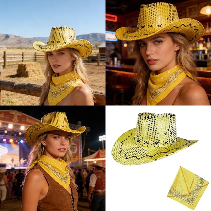 Gold Sequins Western Cowgirls Hat with Bandana Costume Set For Parties And Theme Event With Comfortable Acrylic Fabric