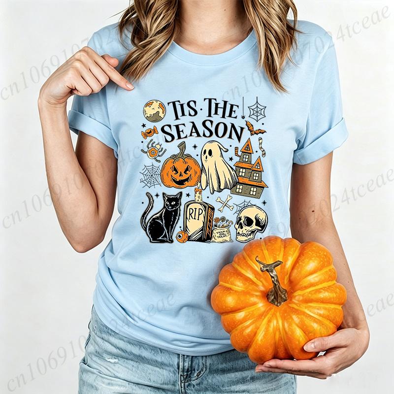 Halloween Shirt,Tis The Season Retro Ghost Spooky Season Halloween Costume Tees T-Shirt, Y2K Halloween T-Shirts Vintage Tops