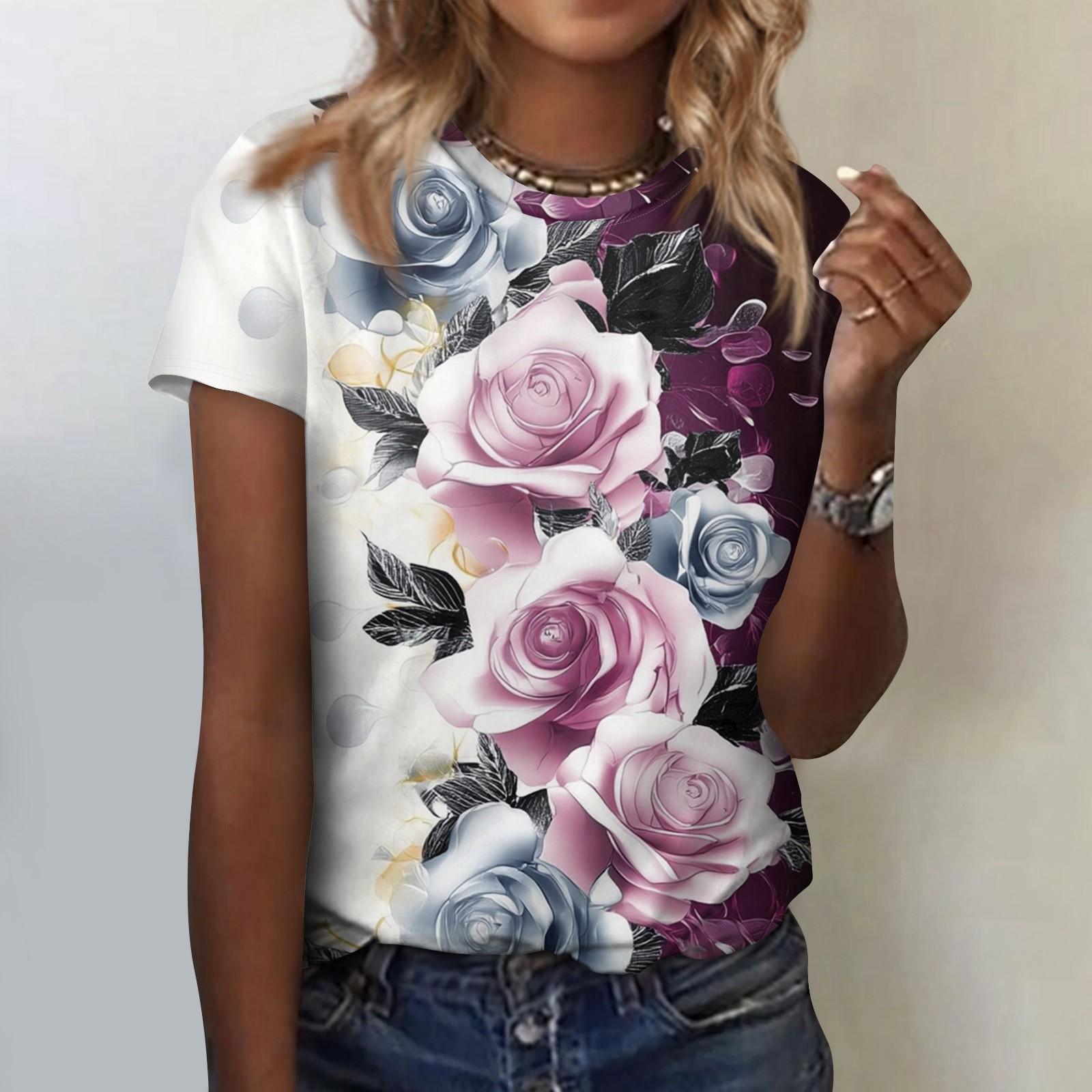 

Жіноча модна повсякденна блузка з круглим вирізом і короткими рукавами з квітковим принтом S фіолетовий