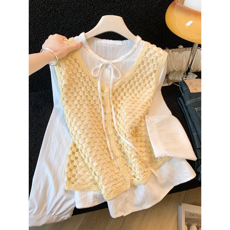 Blue Hollow Knitted Chain Vest Flared Sleeve Shirt Women's Morning Spring Reducing Top
