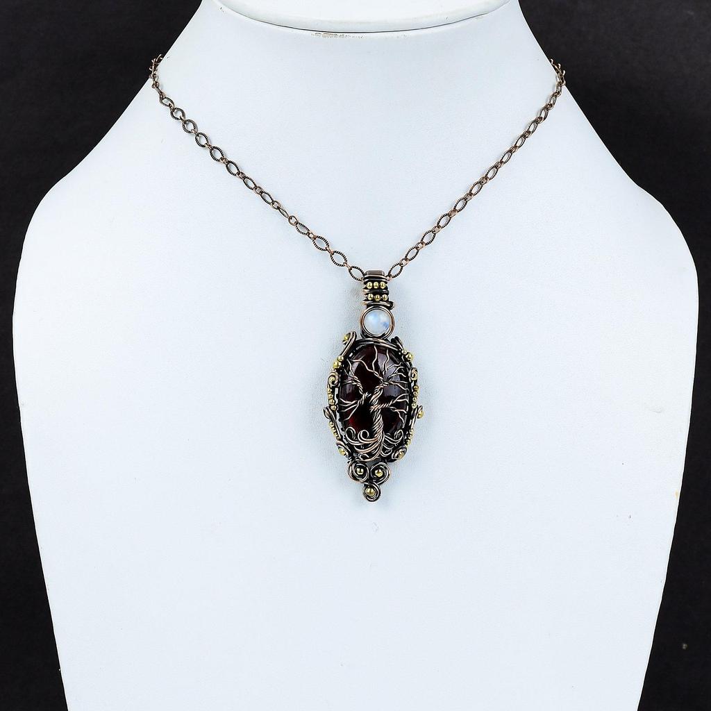 Baum des Lebens Roter Feuer-Labradorit Anhänger Kupferdraht umwickelter Anhänger Regenbogenmondstein Edelsteinanhänger Handgefertigter Schmuck Geschenk für Hochzeit