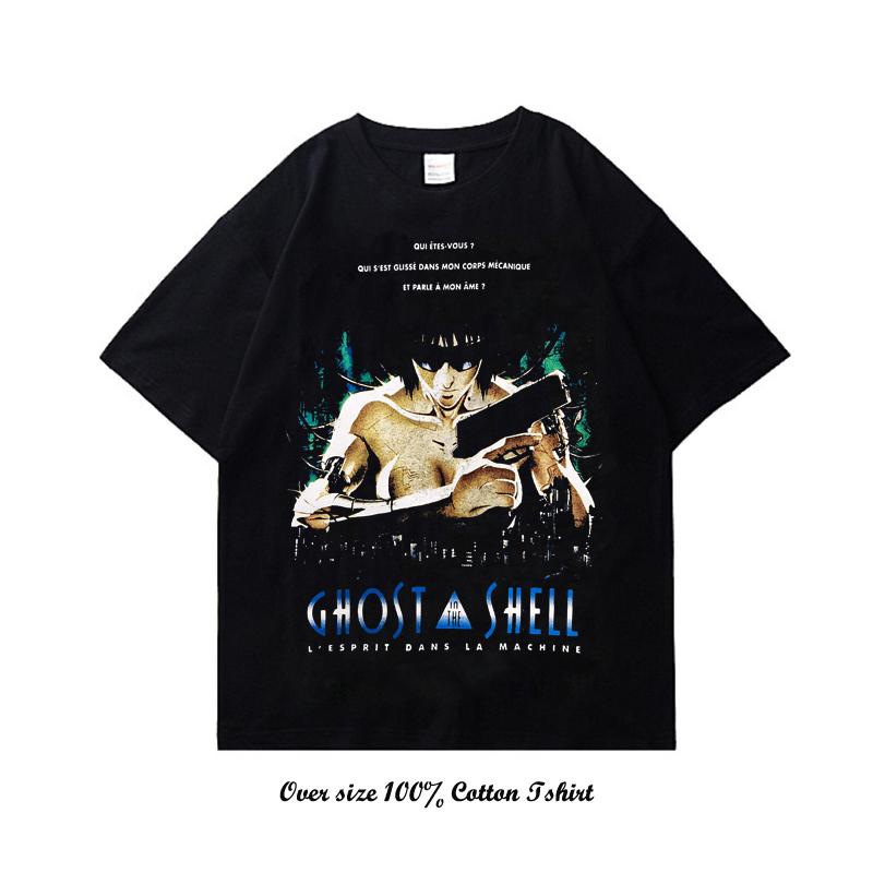 90s Anime Ghost In The Shell Pánské tričko Potisk Vintage Streetwear Hip Hop Oblečení Krátký rukáv Nadměrné Ležérní Bavlněné tričko