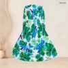 Women Plus Size Square Neck Long Sleeve Green Blue Printed A Line Flared Dress With Belt