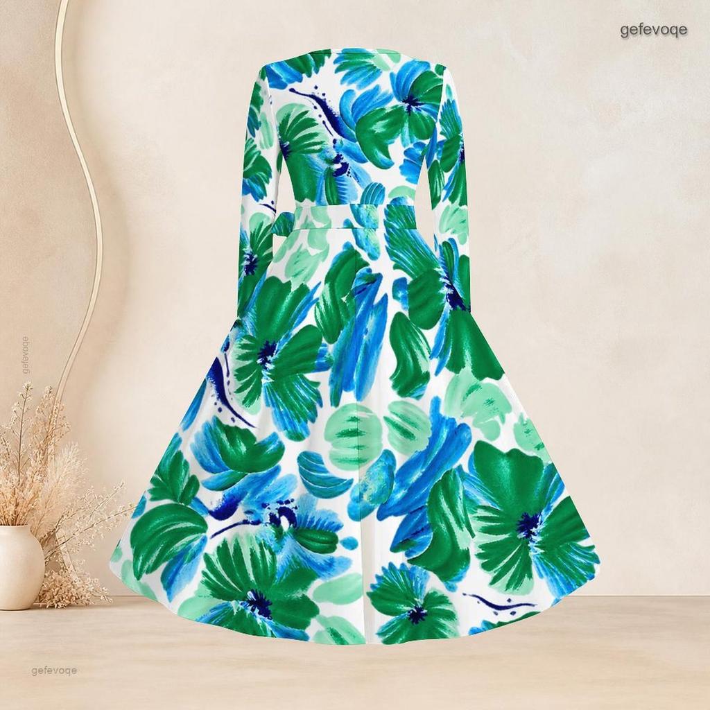 Women Plus Size Square Neck Long Sleeve Green Blue Printed A Line Flared Dress With Belt
