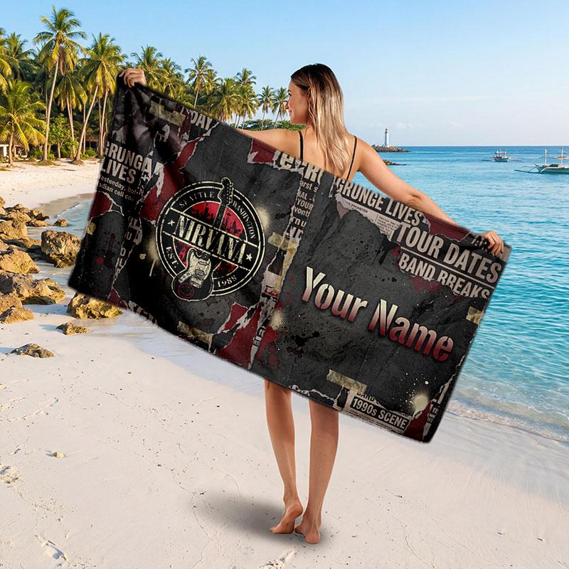 Nirvana Customized Name Text Beach Towel, Soft Absorbent Towel Beach Pool Travel Personal Gift