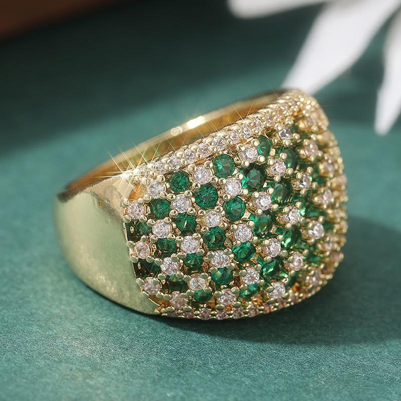 Luxury Inlaid White Green CZ Women's Ring Exquisite Gold Color Geometry Daily Wear Party Jewelry Anniversary Gift