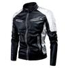 Mens PU Leather Biker Jacket With Stand Collar Retro Patchwork Design Warm Casual Outerwear Winter