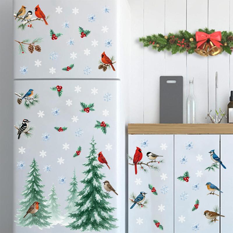 Christmas Decorations, Christmas Tree Branches, Red Birds, Christmas Birds, Glass Window Decorations, Stickers, Self-adhesive Wall Stickers