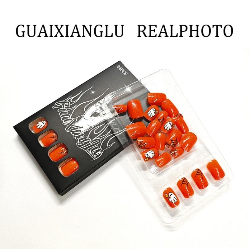 24PCS Reusable Press On Nail Halloween Theme Featuring Spooky Cobweb Skull Patterns And Comfortable ABS