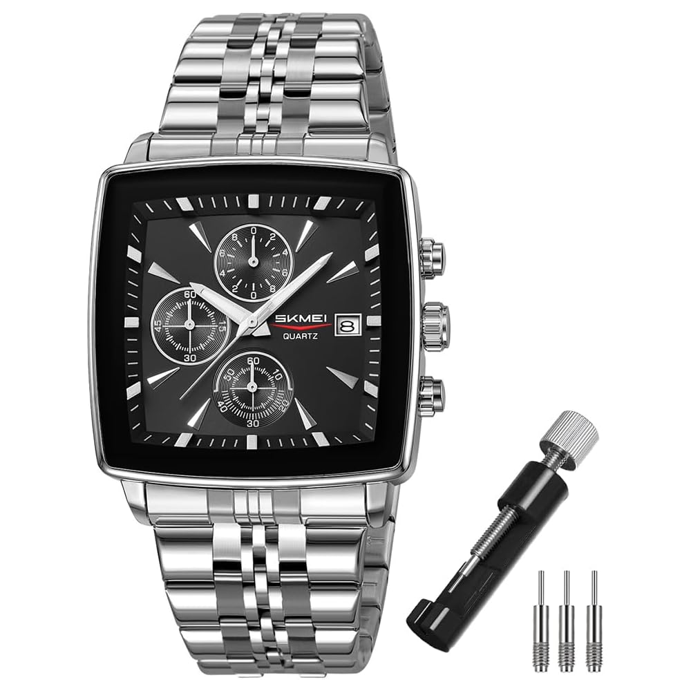 SKMEI Men s Square Analog Watch Black Stainless Steel Waterproof Business Casual Chronograph Big Face