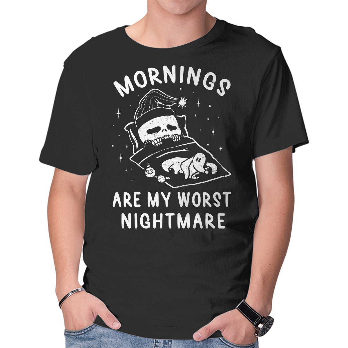 Unisex Crew Neck T-Shirt Mornings Are My Worst Nightmare Graphic Short Sleeve Casual Tee M
