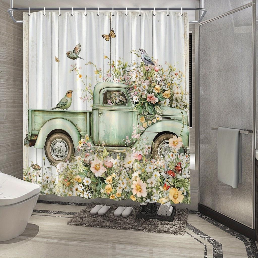 Vintage Pickup Truck Shower Curtain - Whimsical Floral Design with Flowers, Birds & Butterflies, Polyester, 12 Hooks