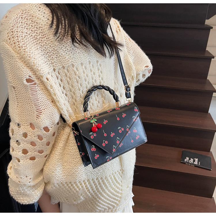Borsa a tracolla quadrata in ecopelle con stampa ciliegie per donna, borsa a spalla carina