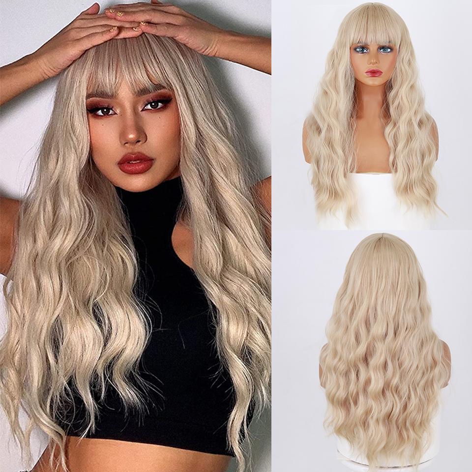 MISS WIG Light Brown Women Fashion Long Wavy Wig with Bangs Synthetic Fiber Daily Wear Long Wavy Black Brown Wig