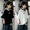 Summer Boys Cotton Short Sleeve T Shirt Fashionable Three Stripe Print Half Sleeve Top