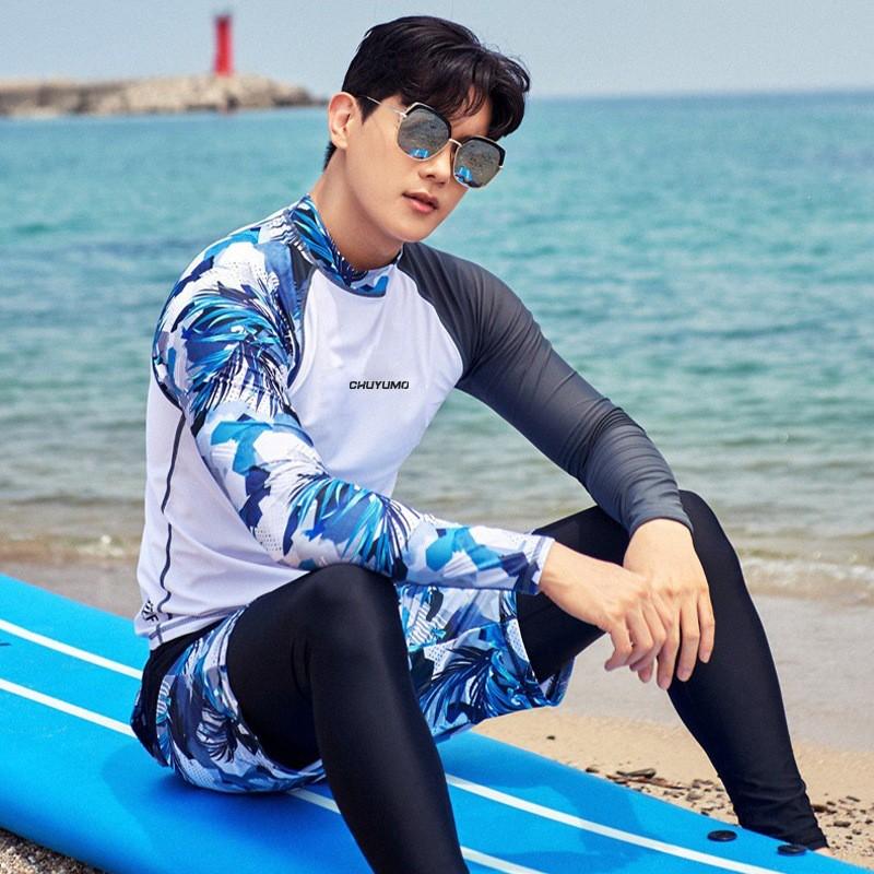 Mens Long Sleeve Rash Guard Swimwear Quick Dry UV Protection Surfing Diving Wetsuit Two-Tone Design