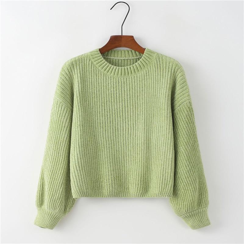Casual Womens Sweater Autumn Winter Pullover Crew Neck Solid Color Loose Bulb Sleeve Chenille Knit Top