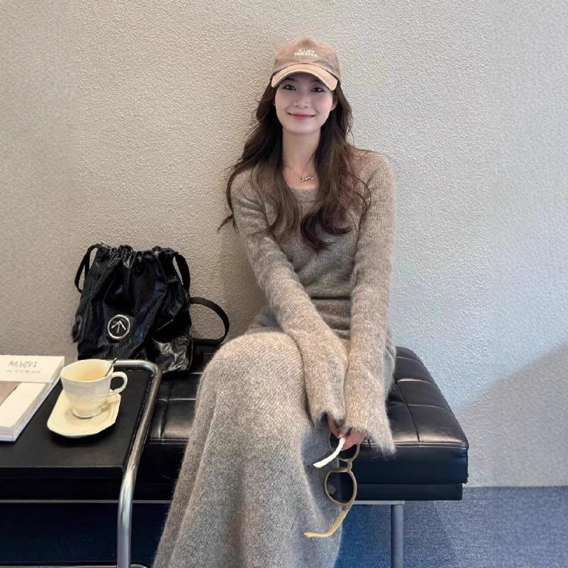 Tall knitted dress new inner bottom hip skirt round neck horn sleeve temperament long dress