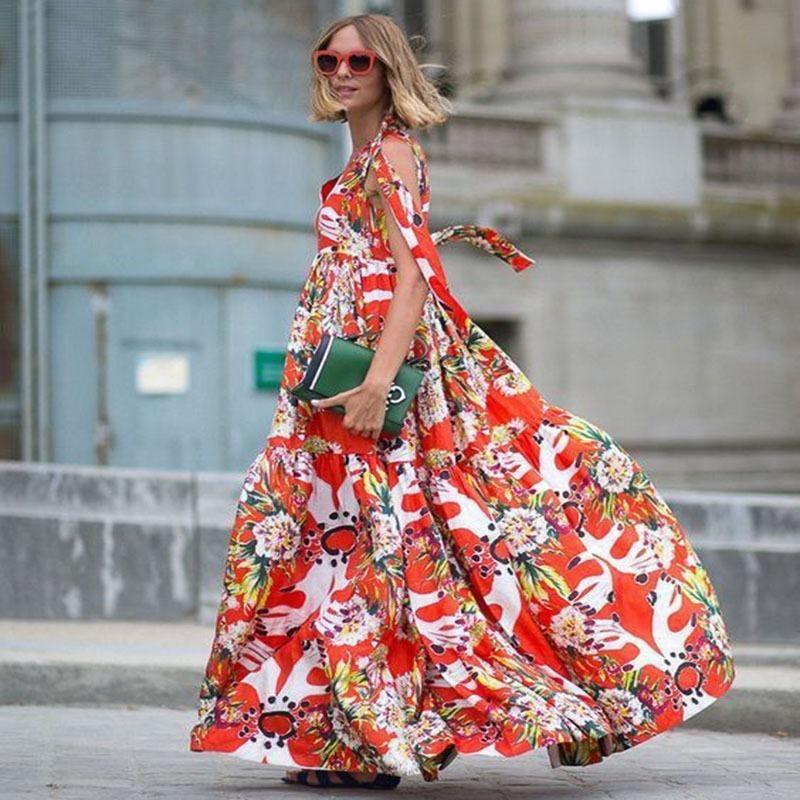 

Женские винтажные длинные платья с v-образным вырезом и цветочным принтом, богемное платье без рукавов, элегантное уличное платье для отдыха, женское повседневное женское пляжное вечернее платье