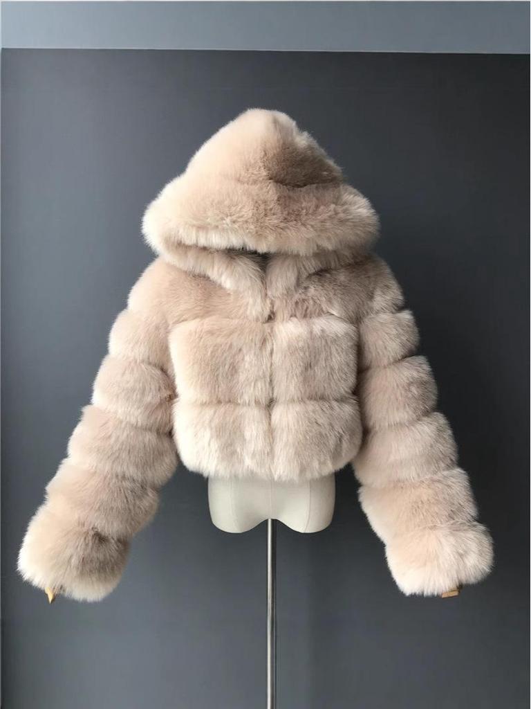 Europäisch-Amerikanischer Kurzer Kapuzenmantel aus Kunstfuchsfell für Herbst/Winter