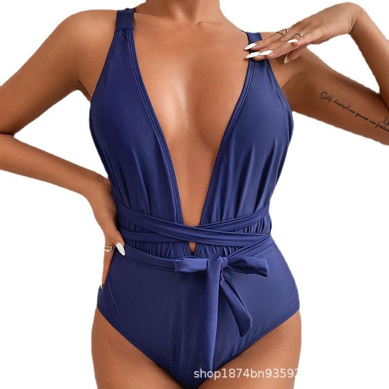 Women Sexy Solid Color V Neck One Piece Swimsuit For Beach Swimming