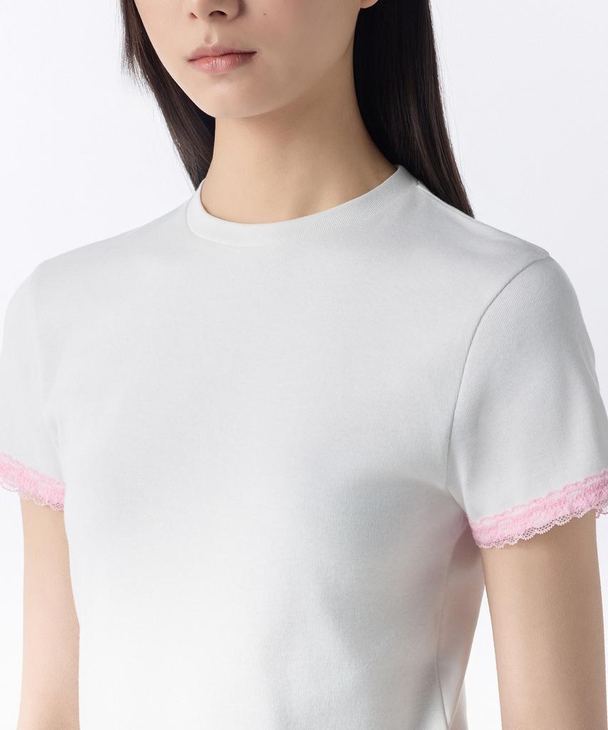 MUSINSA STANDARD WOMAN Women'S Slim Lace Trim T-Shirt [White/Pink]