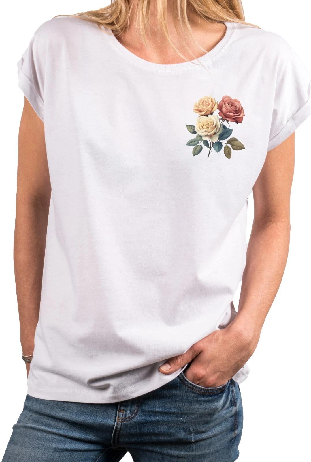 Ladies Floral Print Floral Summer T Shirt Top Rose Print Floral Design Boho- L