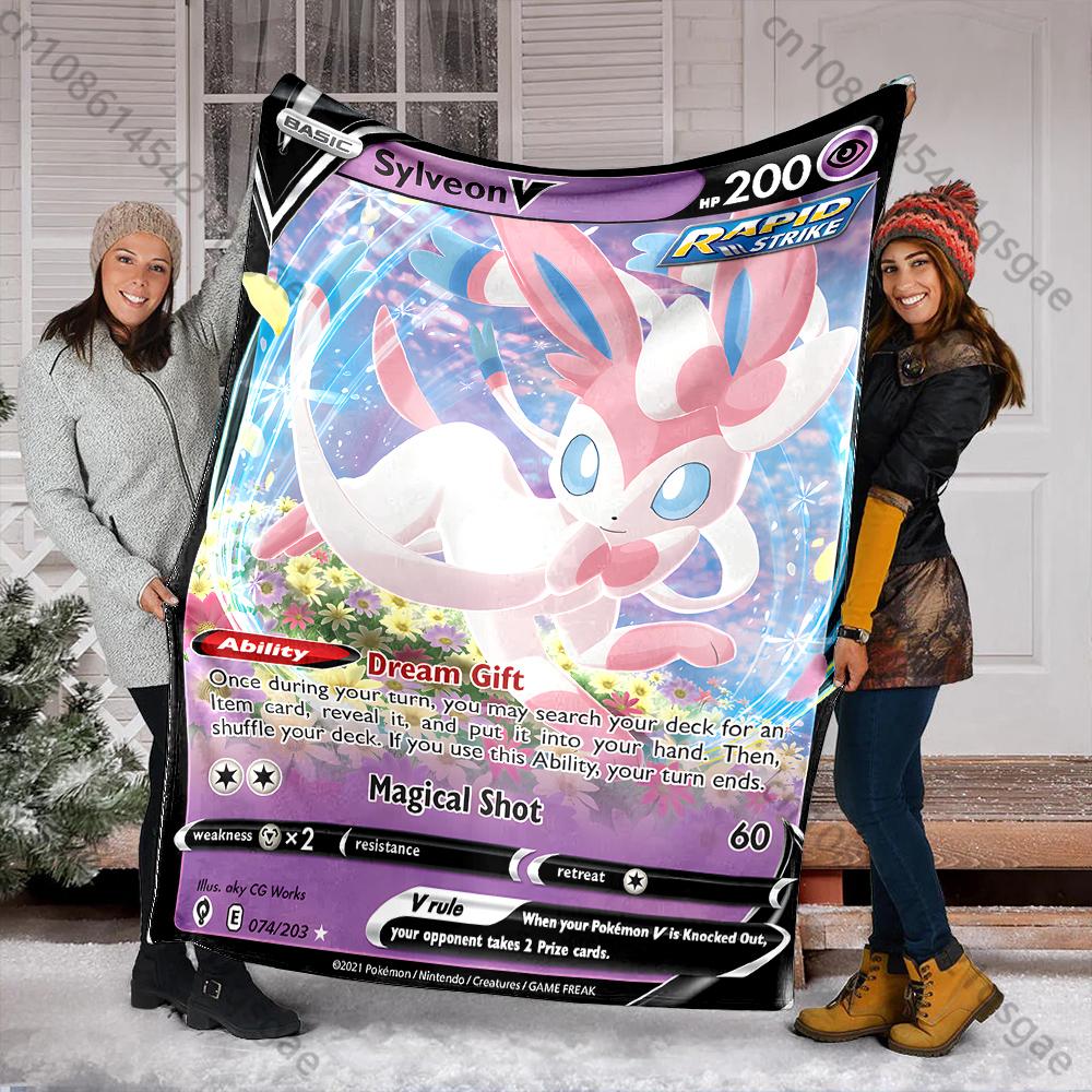Cartoon Pokemon Cards Sylveon Printed Blanket Flannel Fluffy Soft Blanket for Adult Kids Plush Sofa Home Car Camping for Gifts