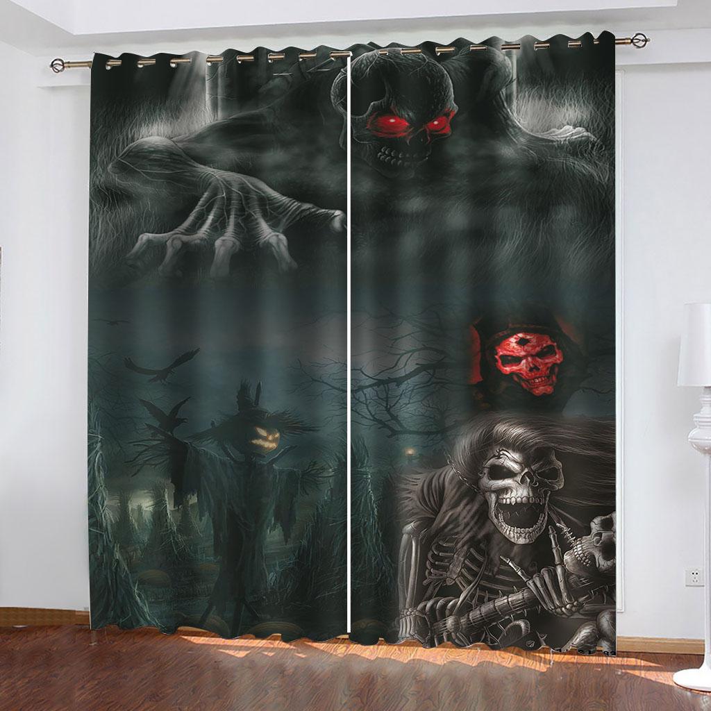 Skull Terror Skeleton Horror Crows Black Boy Window Curtains Drapes for Kids Bedroom Living Room Kitchen Door Home Decor 2Pieces