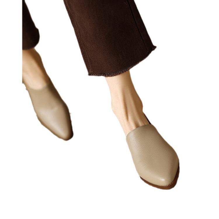 Women's Apricot Pointed-Toe Slip-On Chunky Mid-Heel Shoes
