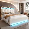 140 x 200cm Upholstered Bed Frame with LED Lighting, USB Type-C Charging and Under-Bed Storage, Hydraulic Storage Bed Frame, Beige, No Mattress