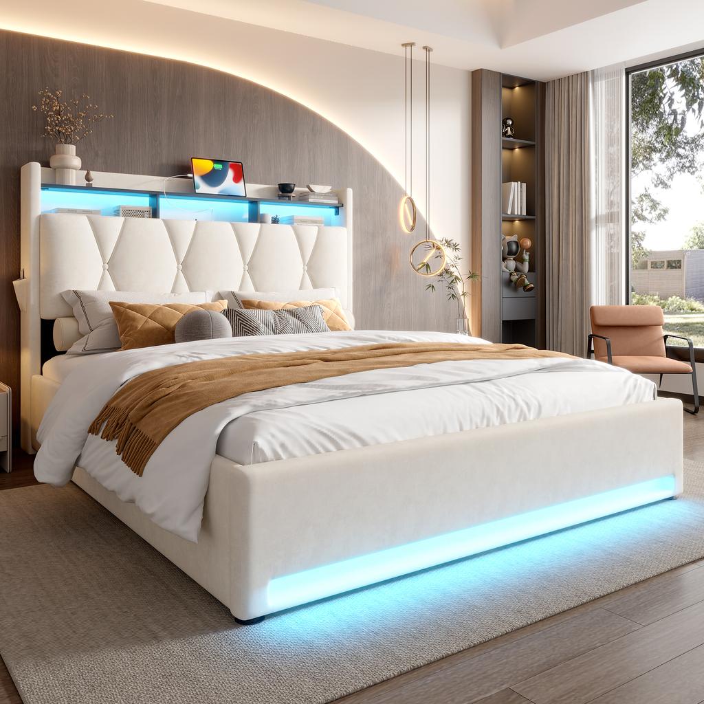 140 x 200cm Upholstered Bed Frame with LED Lighting, USB Type-C Charging and Under-Bed Storage, Hydraulic Storage Bed Frame, Beige, No Mattress