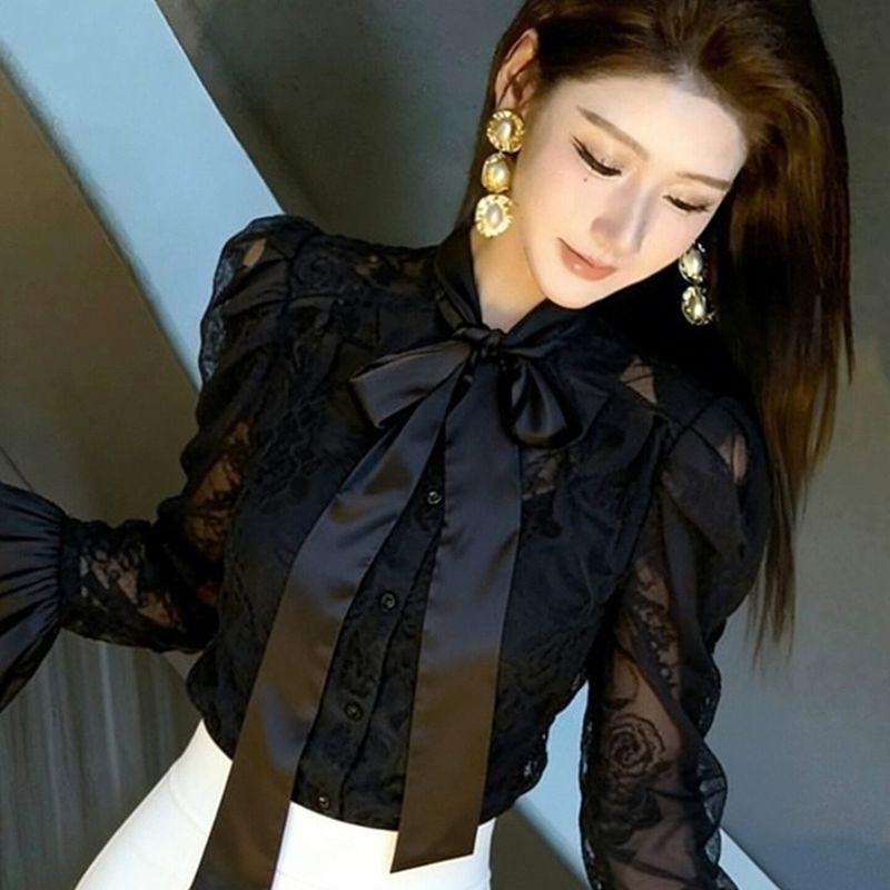 2026 Spring New High-End Luxurious and Beautiful Bowknot Top, Elegant Socialite High-End Waist-Cinching Shirt Black Bow Top S