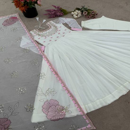 Elegant White Anarkali Suit with Pink Floral Print