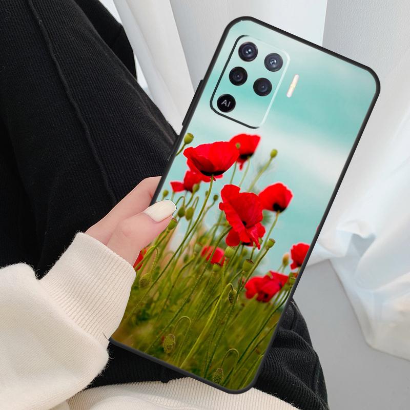 Red Corn Poppy Flower Case For Oppo A18 A38 A58 A78 A98 A80 A60 A40 A96 A76 A16 A94 A74 A54 A15 A17 A57 A77 A5 Pro