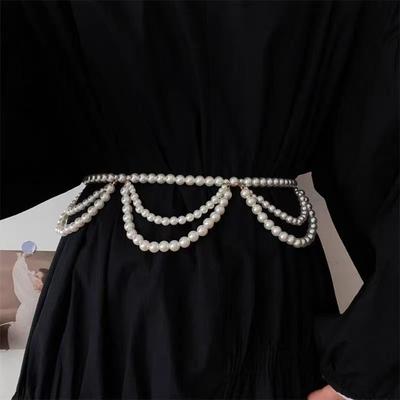 Adjustable Pearls Beaded Belt Waist Chain Ornament For Dresses Lightweight Fashion Jewelry Women Party Outfit Enhancer