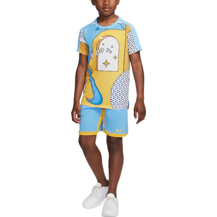 Nike Geometric Print Crew Neck Short Sleeve T-Shirt Kids tops Blue DQ8958-412