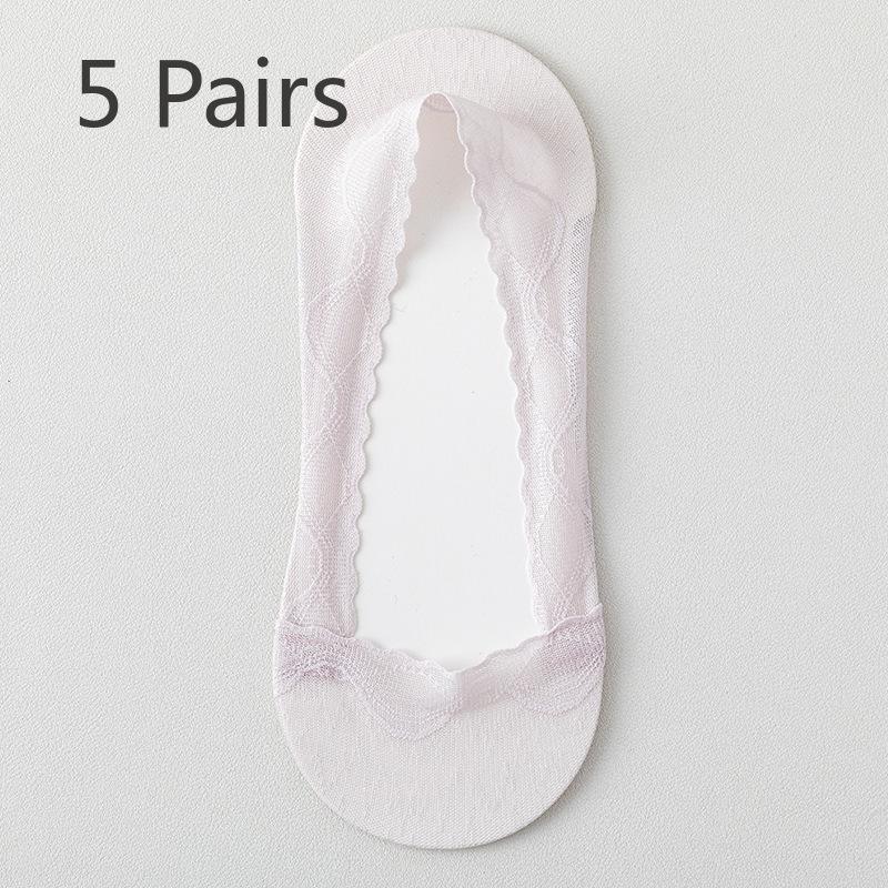5 Pairs of Women's Summer Thin Wicking Cotton Bottom Invisible Shallow Mouth Non Slip Lace Boat Socks