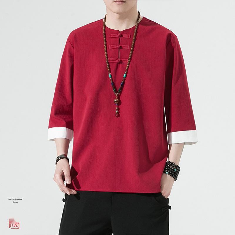 Men's Retro Plus Size Cotton Linen Hanfu T-shirt with Frog Button, Three-Quarter Sleeves