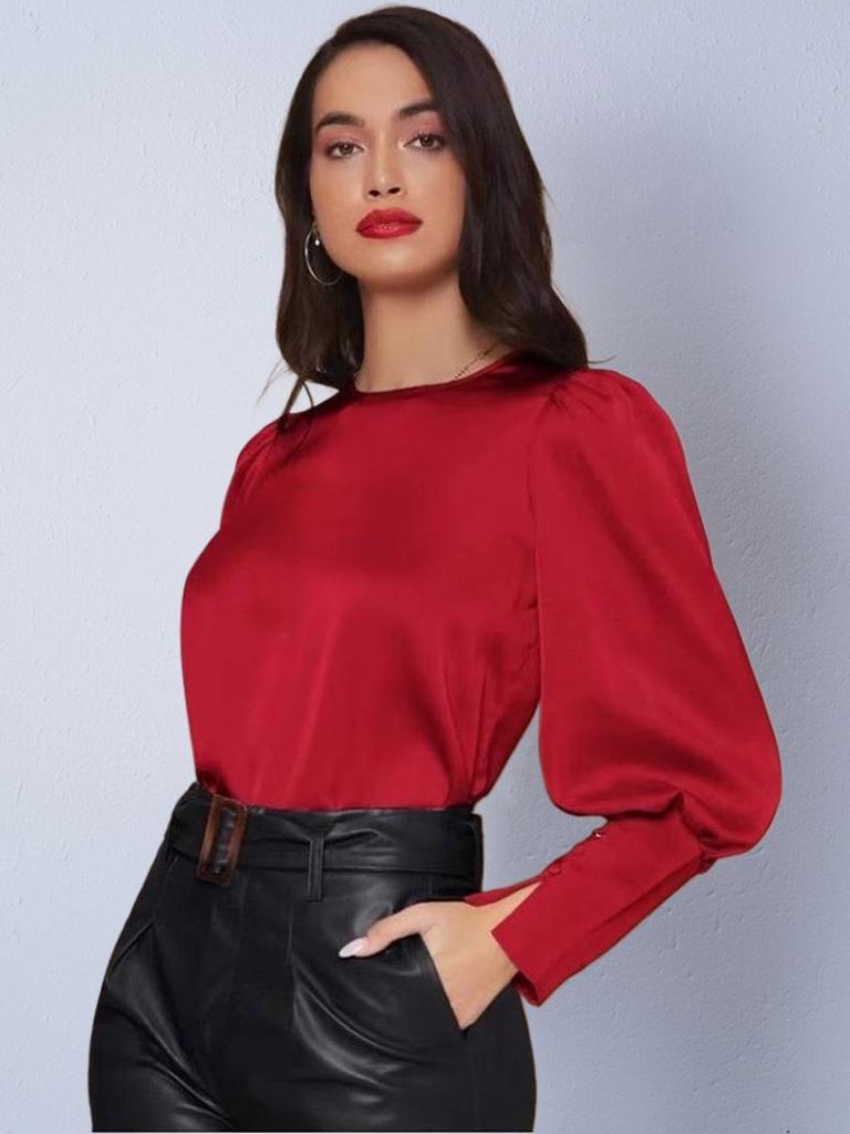 Camicia da Donna in Raso con Maniche a Lanterna in Seta Sintetica - Stile Vacanza Autunnale