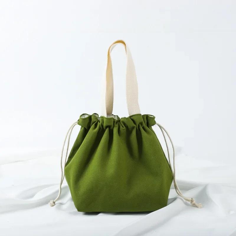 Small Fresh Drawstring Canvas Bag Hand Handbag Japanese Portable Bento Bag Large Capacity Bunched Lunch Box Bag